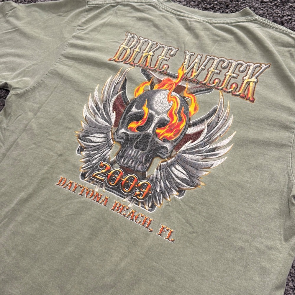 Vintage Bike Week Daytona Beach T-Shirt Mens Green Excellent Skull Graphic XL